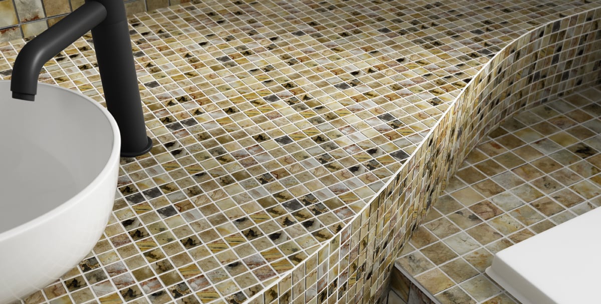 Marmox Australia mosaic tiles installed at the curved basin countertop