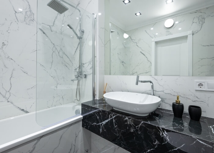 A modern bathroom made with solid stone shower tray from Marmox