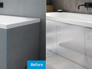 Before and after image of Marmox Australia bath panels installation