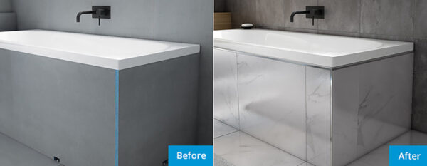 Before and after image of Marmox Australia bath panels installation