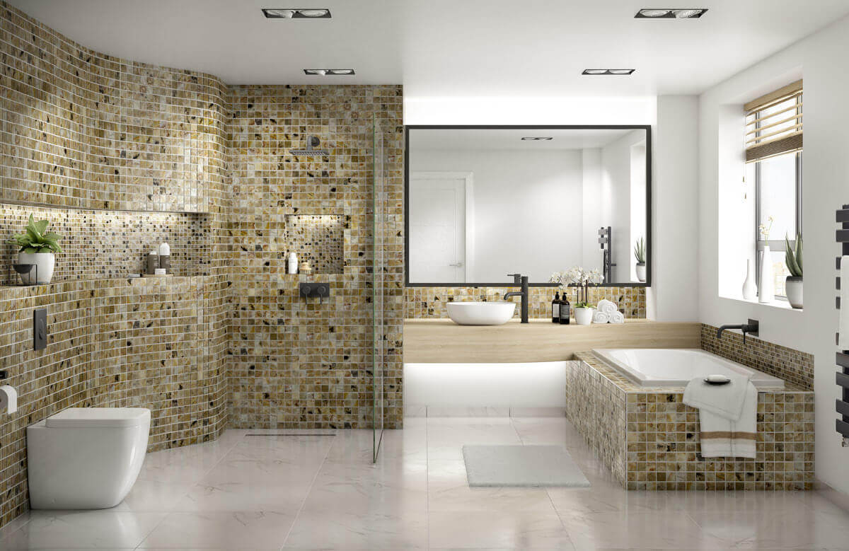 A modern bathroom with a featured mosaic tile wall from Marmox Australia